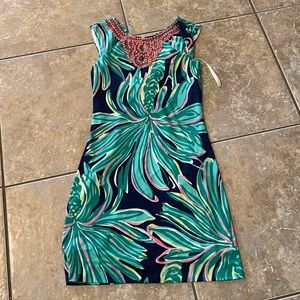 Lilly Pulitzer green and pink fitted dress with beading around neckline